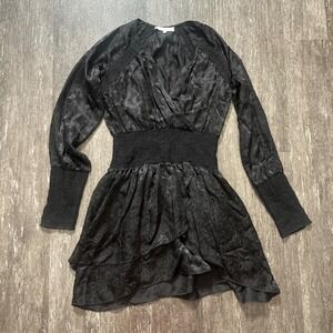 IRO Black Silk Smocked Waist Long Sleeve V Neck‎ Ruffle Mini Dress